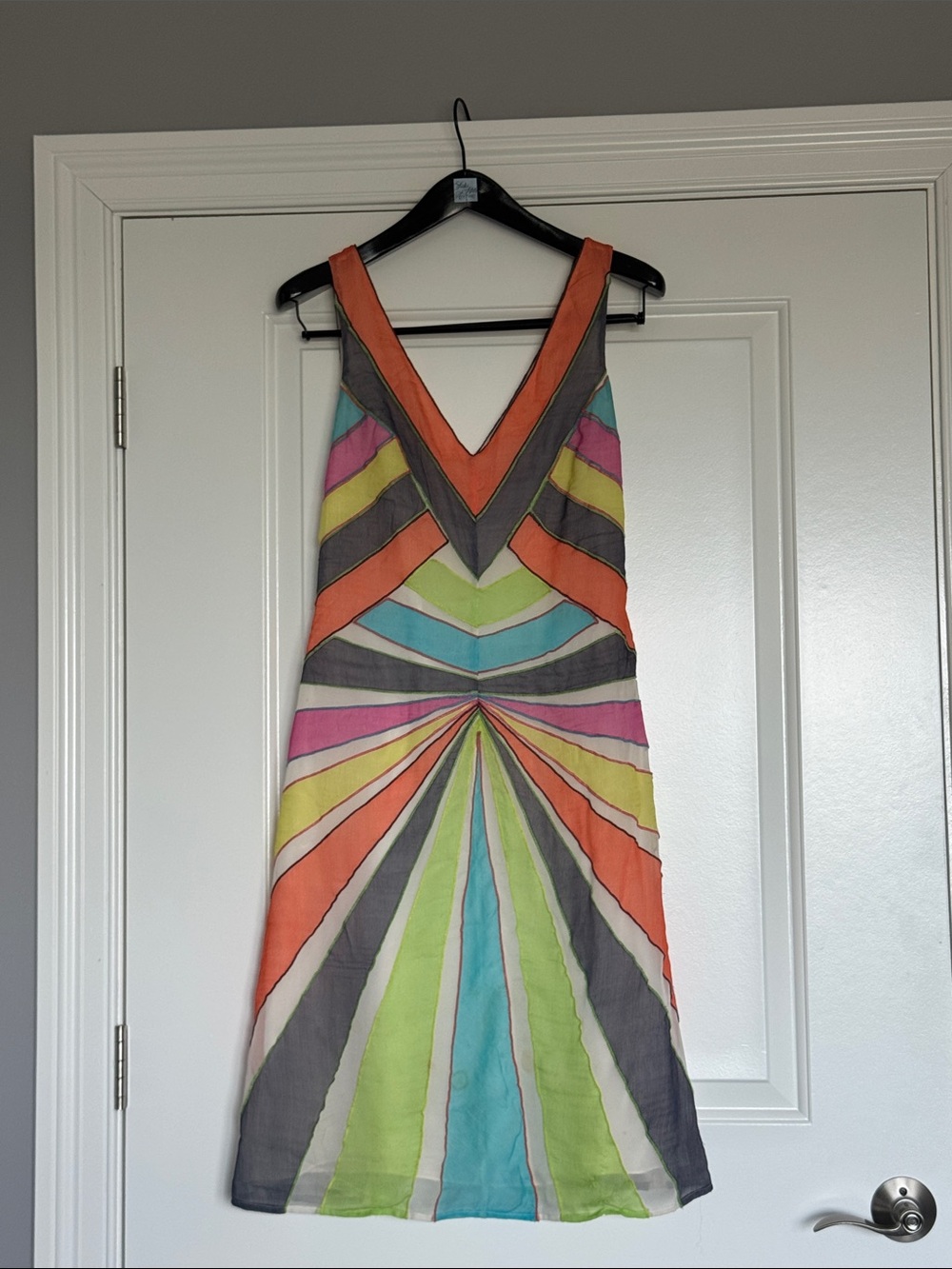 BCBGMaxAzria Orange, Aqua & Lime Striped V-Neck Mini Dress
